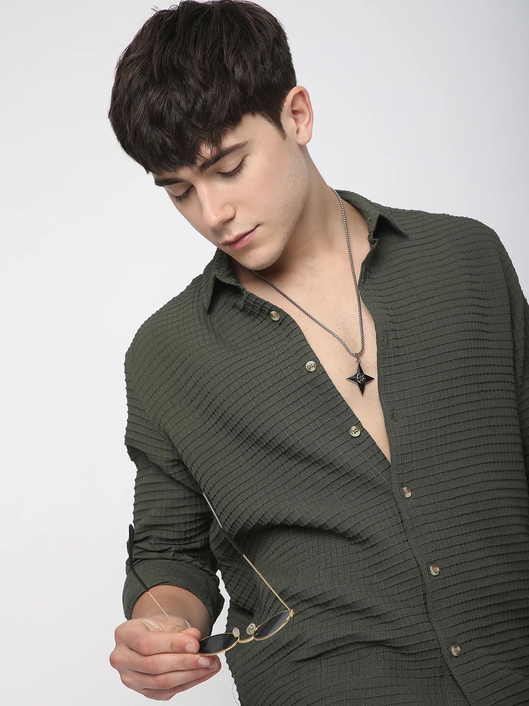 Olive Tiny Box Checks Emboss Textured Shirt - Image 2