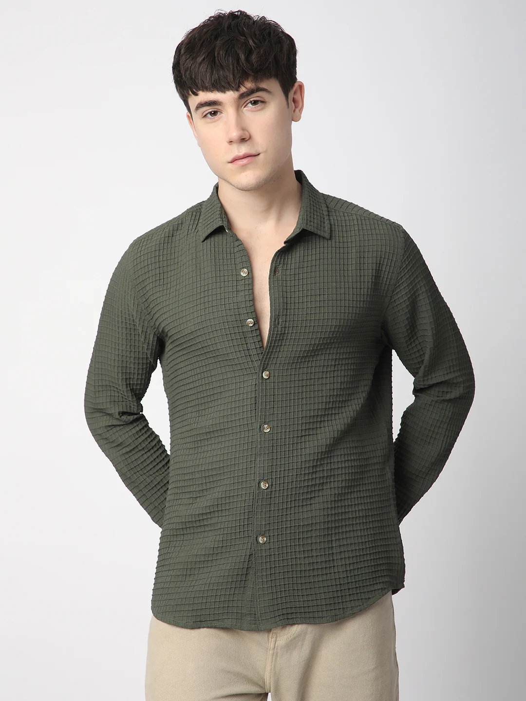 Olive Tiny Box Checks Emboss Textured Shirt - Image 4