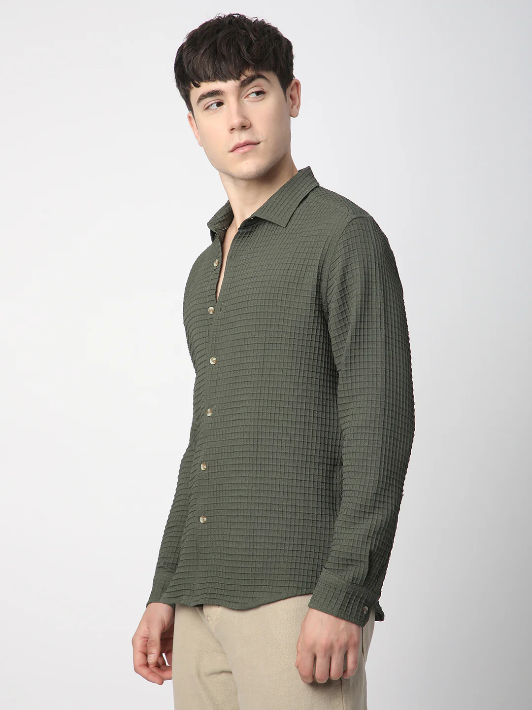 Olive Tiny Box Checks Emboss Textured Shirt - Image 5