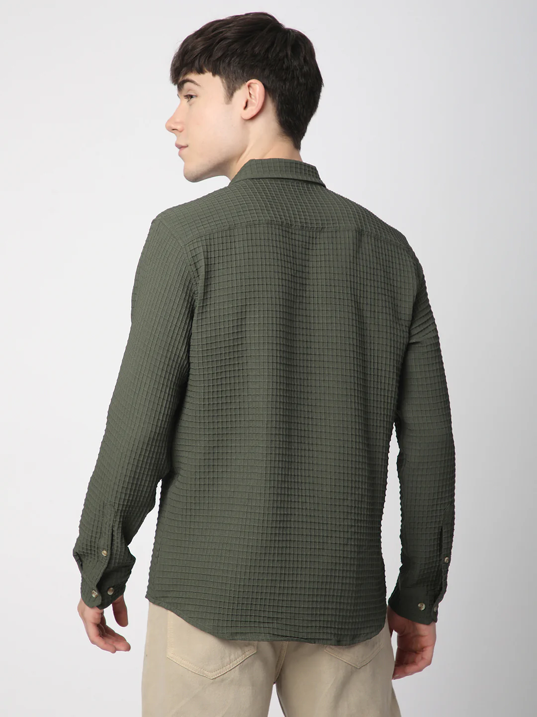 Olive Tiny Box Checks Emboss Textured Shirt - Image 6