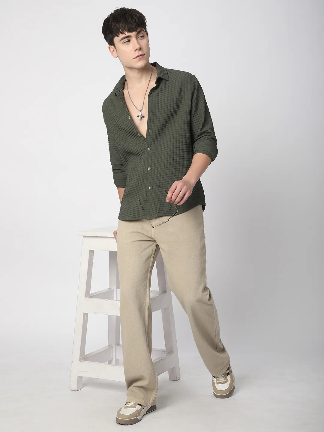 Olive Tiny Box Checks Emboss Textured Shirt - Image 7