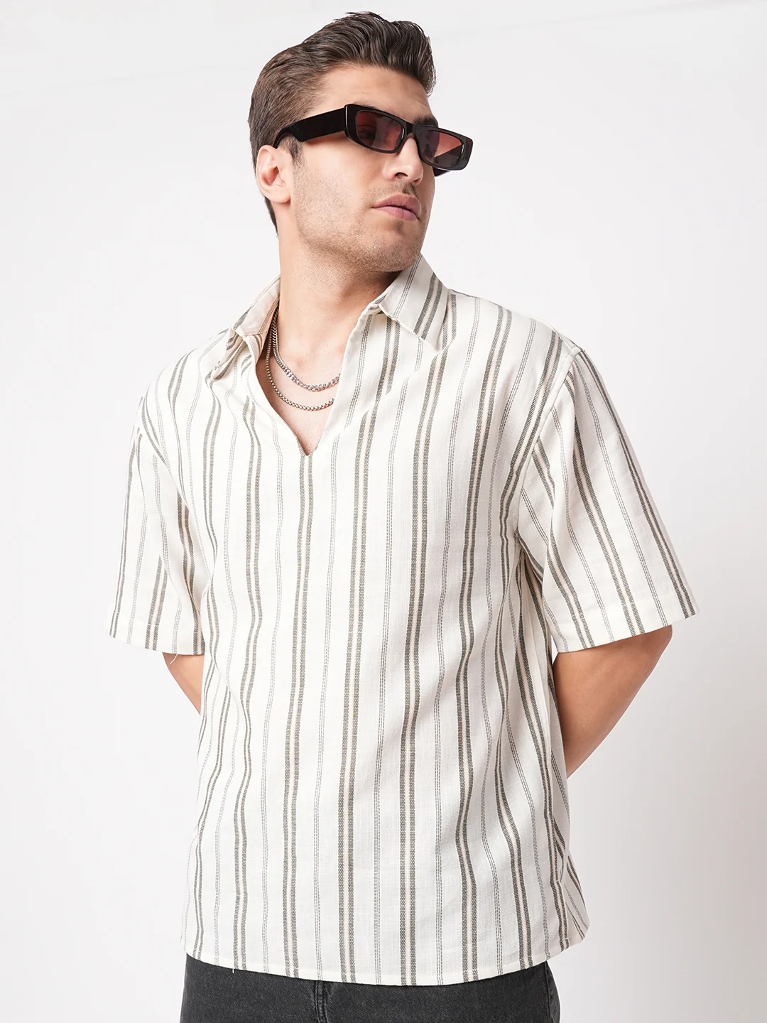 Olive & White Vertical Stripes Polo Shirt - Image 2