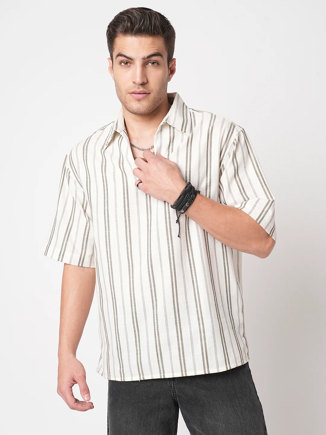 Olive & White Vertical Stripes Polo Shirt - Image 4