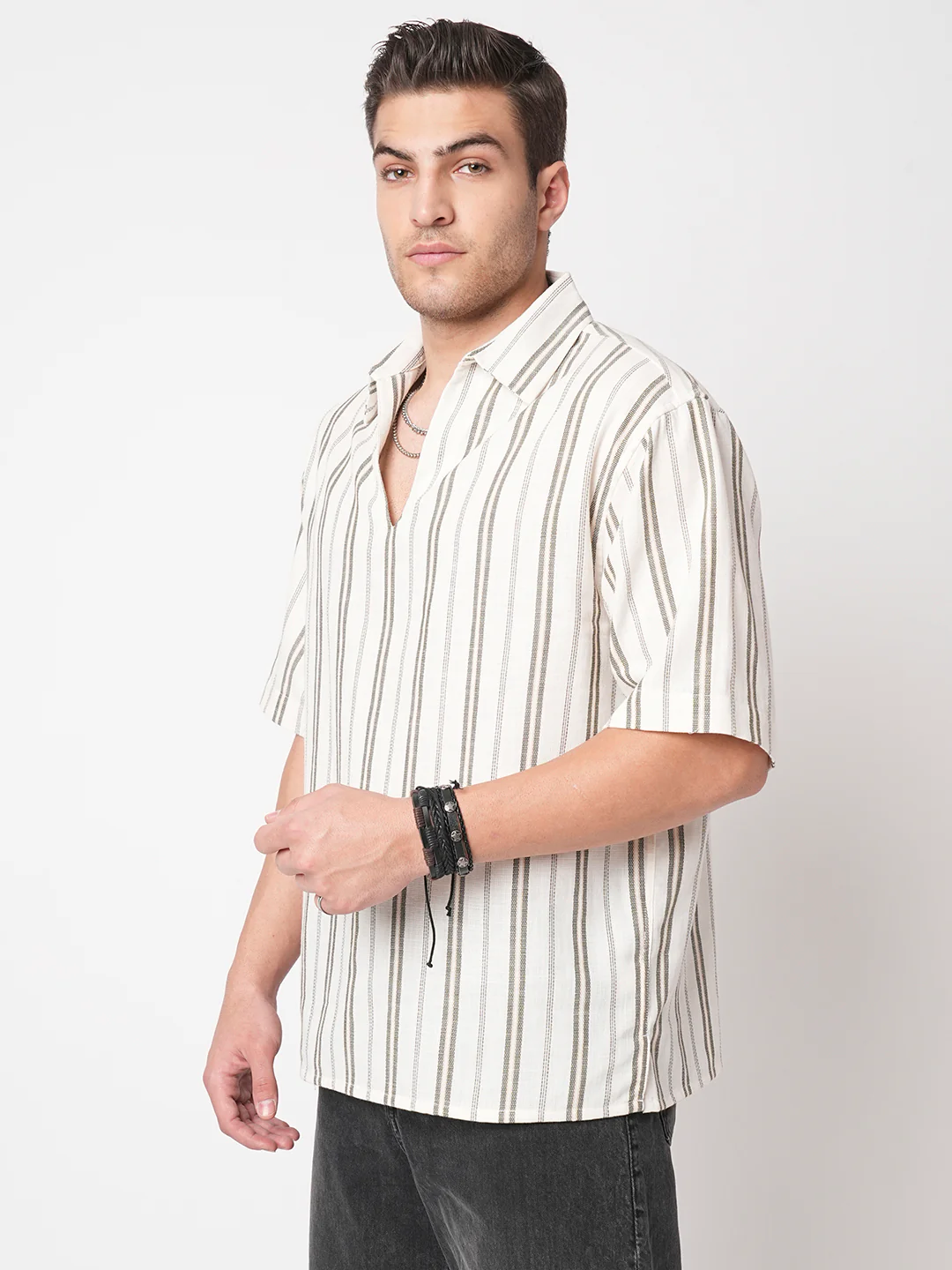 Olive & White Vertical Stripes Polo Shirt - Image 5