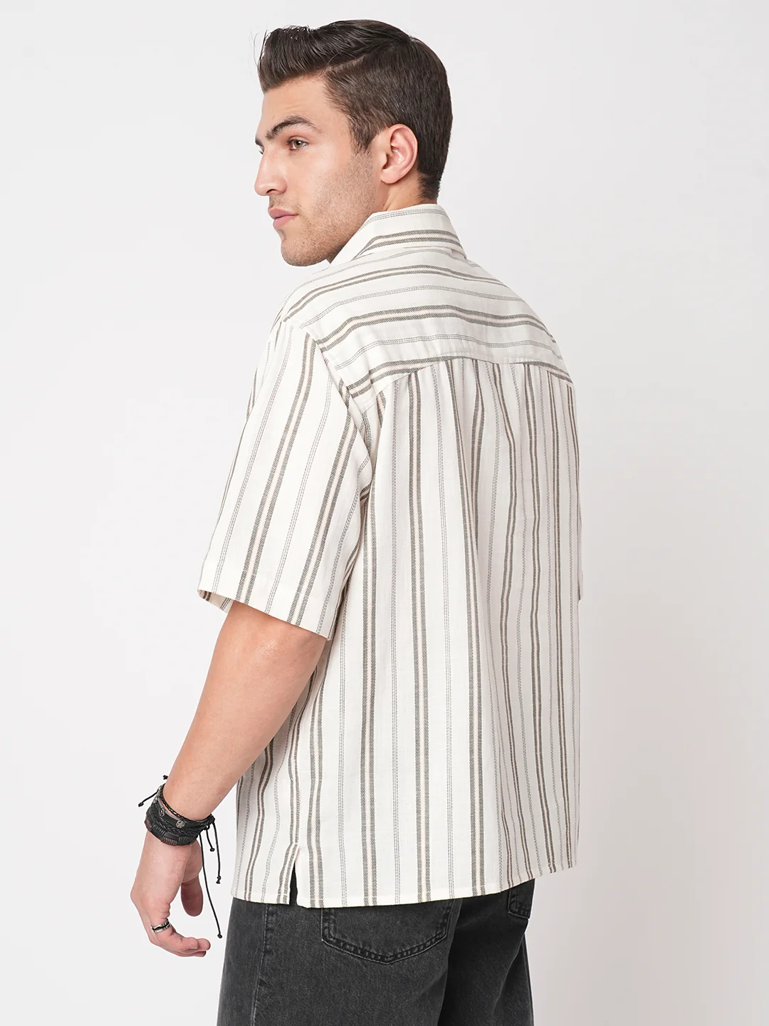 Olive & White Vertical Stripes Polo Shirt - Image 6