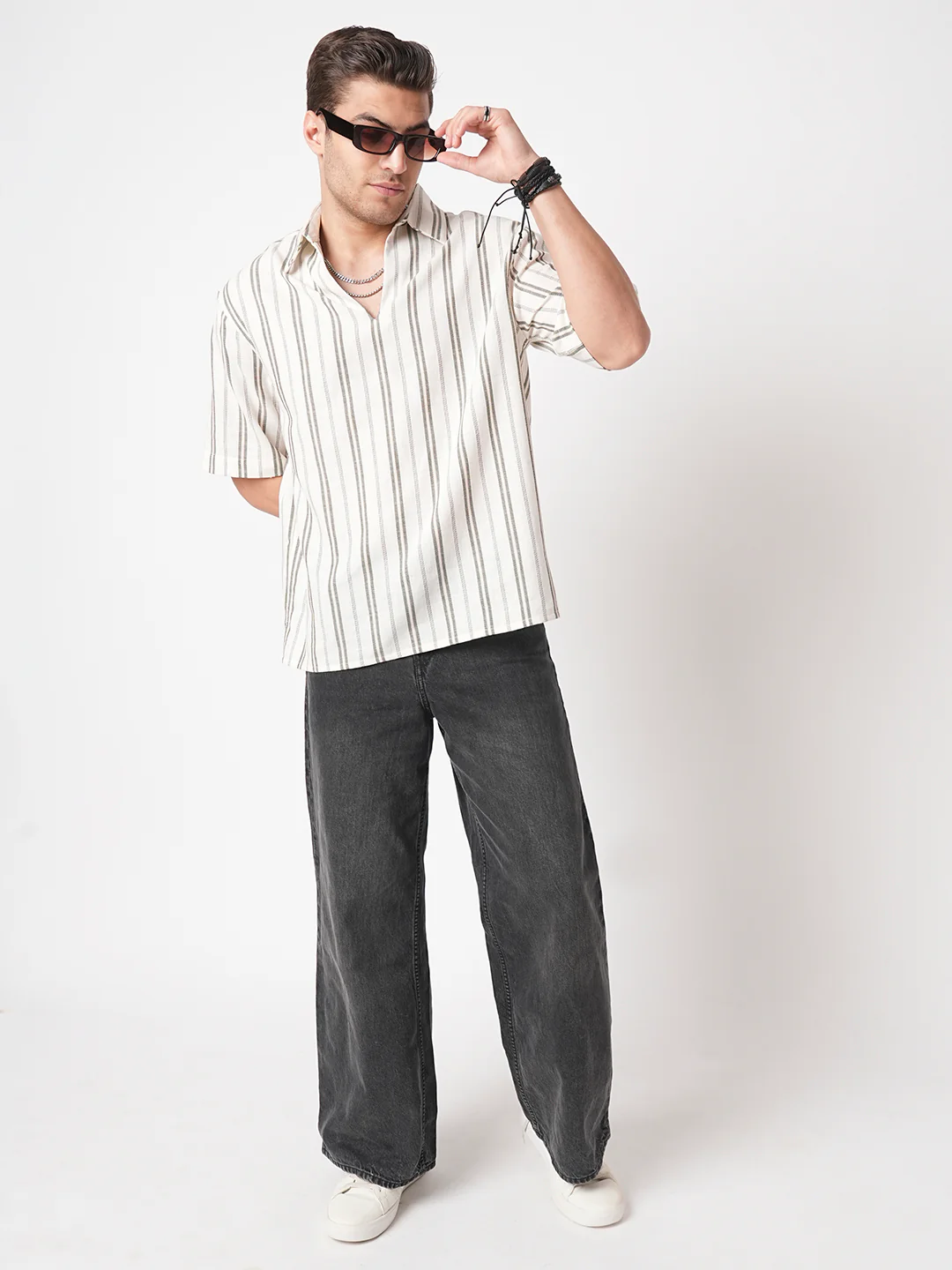 Olive & White Vertical Stripes Polo Shirt - Image 7