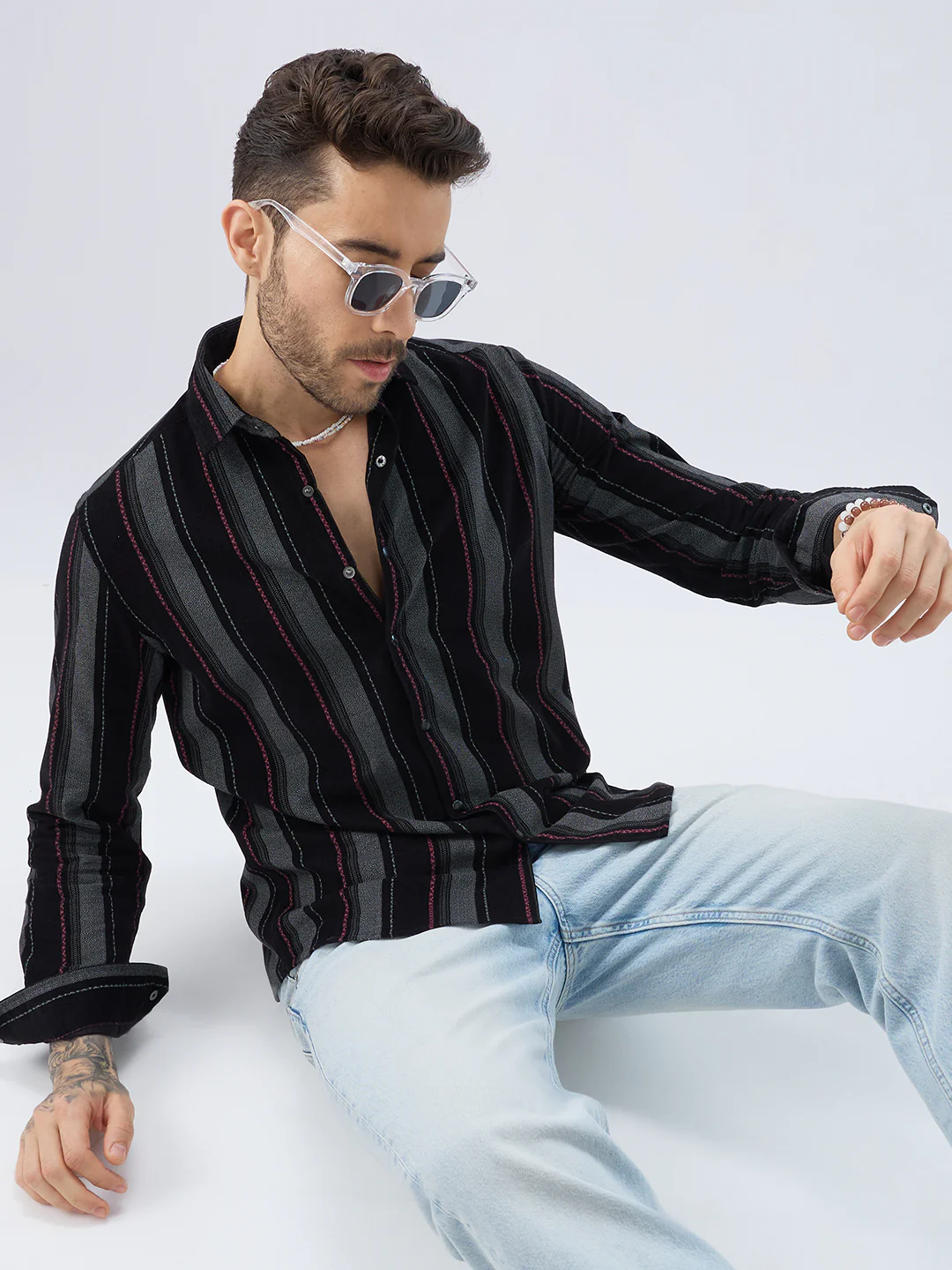 Onyx Black Red Embellished Corduroy Striped Shirt - Image 2