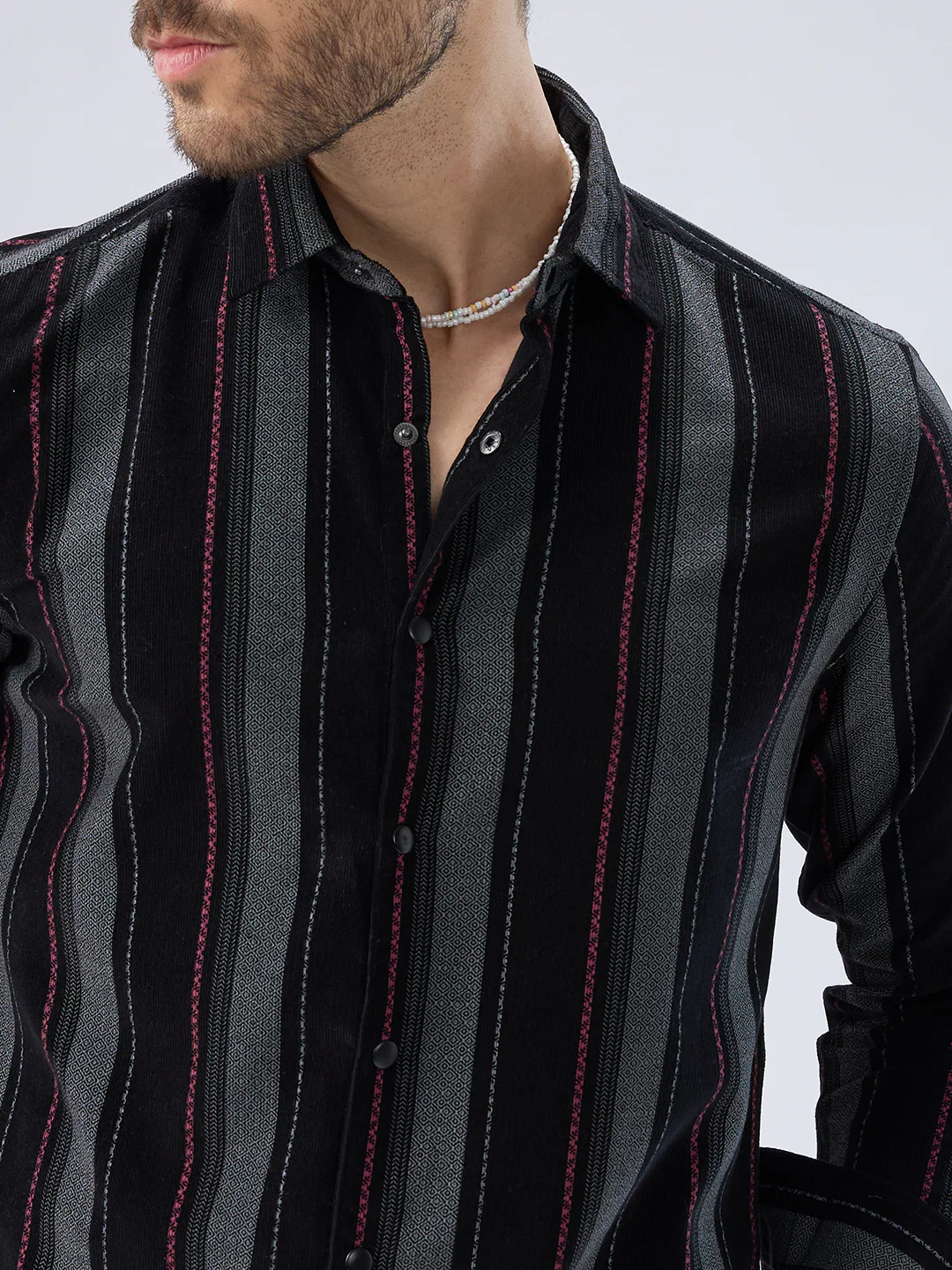 Onyx Black Red Embellished Corduroy Striped Shirt - Image 3