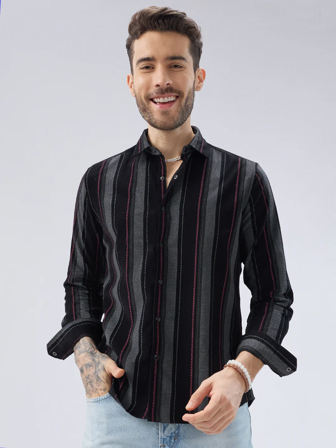 Onyx Black Red Embellished Corduroy Striped Shirt - Image 4