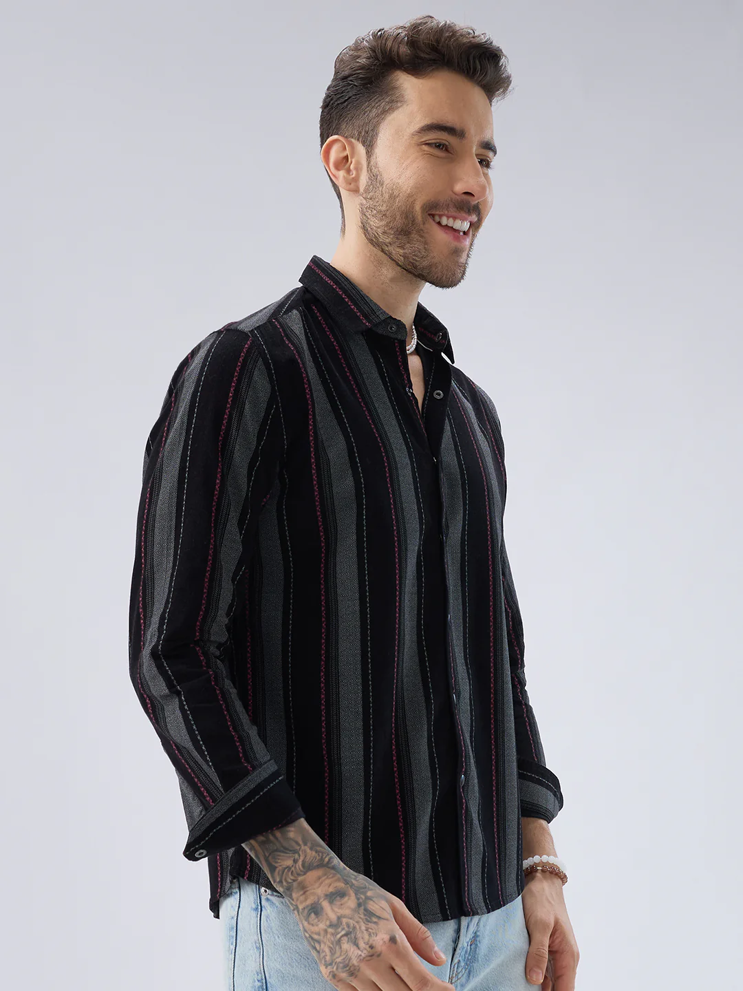 Onyx Black Red Embellished Corduroy Striped Shirt - Image 5