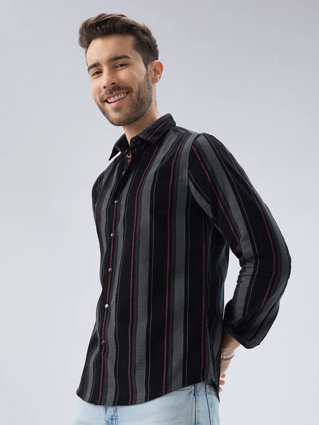 Onyx Black Red Embellished Corduroy Striped Shirt - Image 6