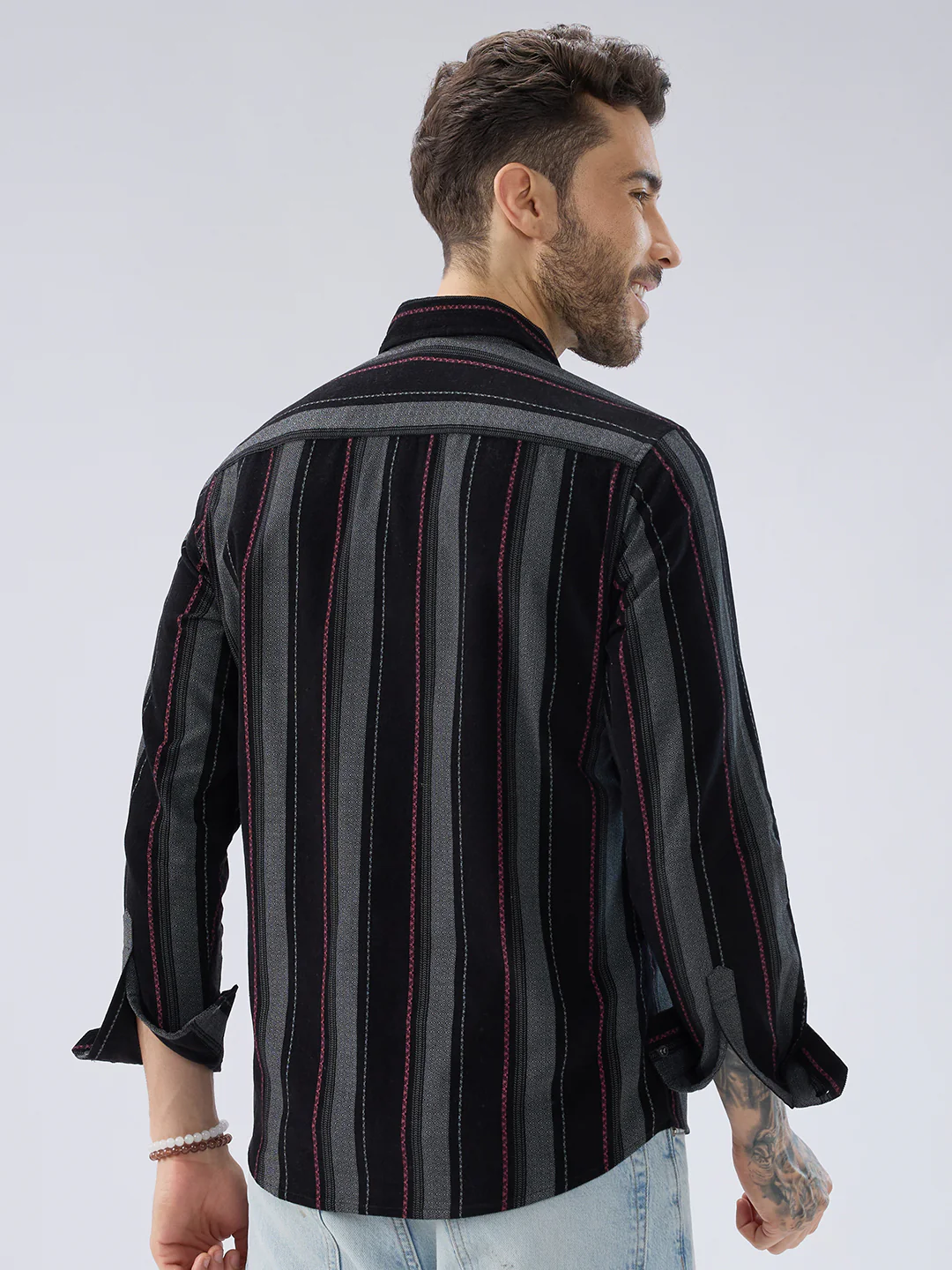 Onyx Black Red Embellished Corduroy Striped Shirt - Image 7