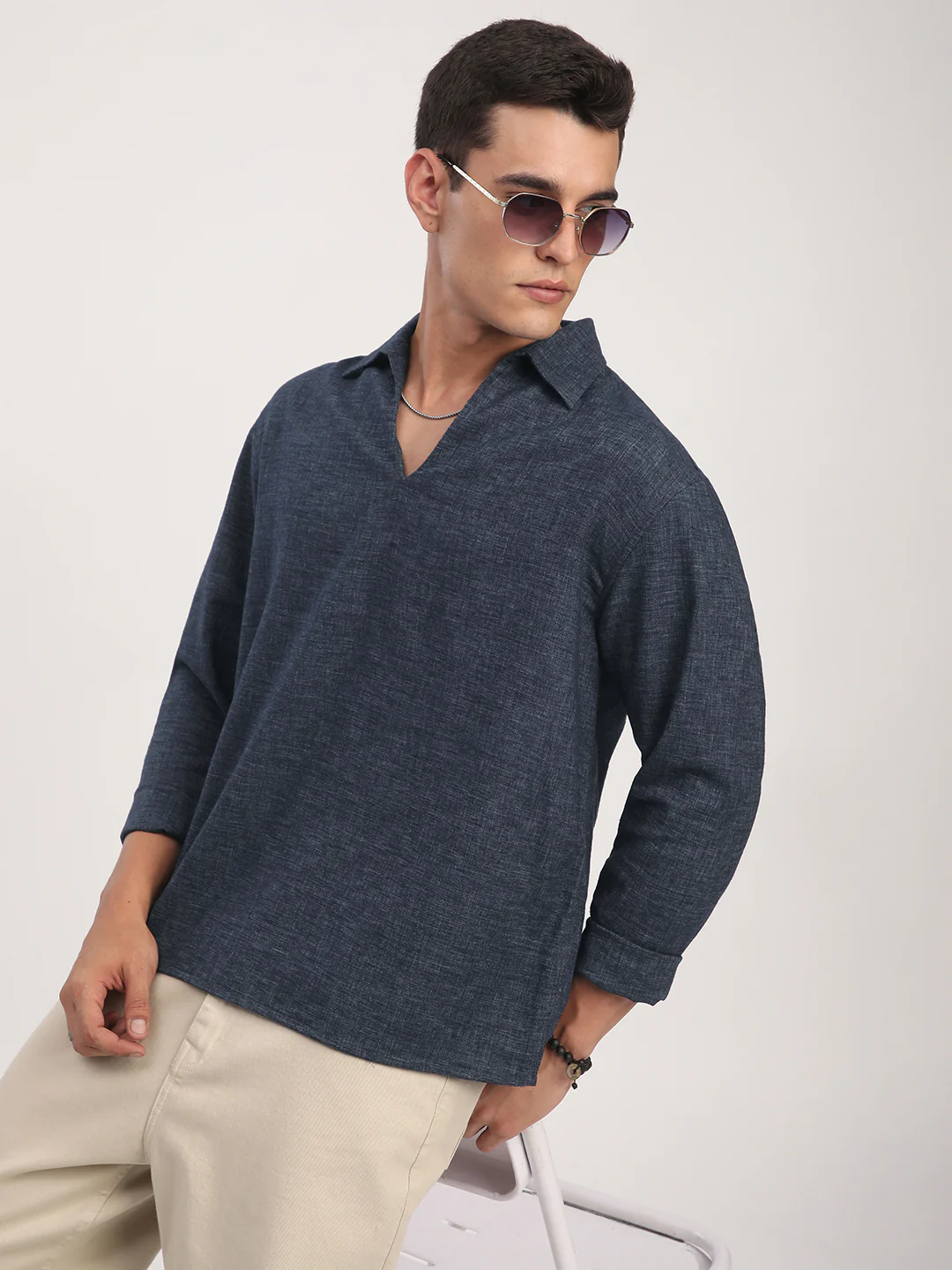 Onyx Grey Chambray Oversized Polo Shirt - Image 2
