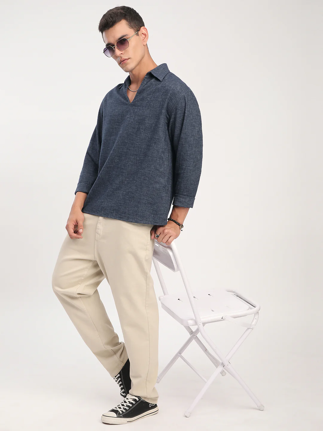 Onyx Grey Chambray Oversized Polo Shirt - Image 6