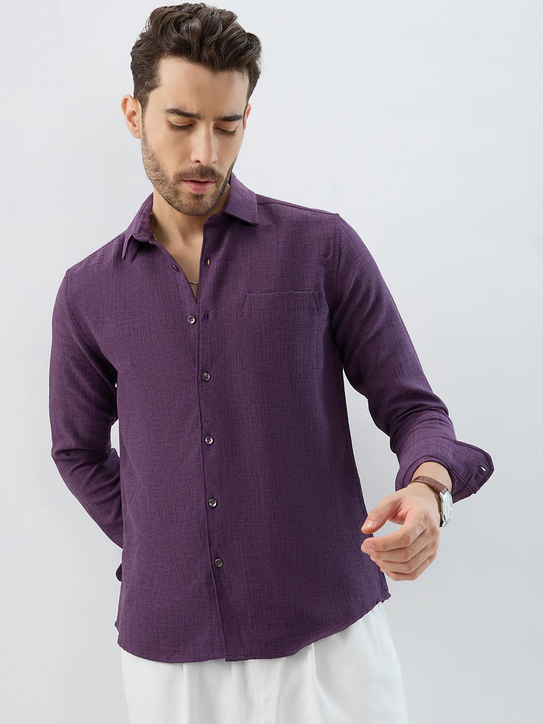 Opulent Dark Wine Slub Textured Shirt - Image 4