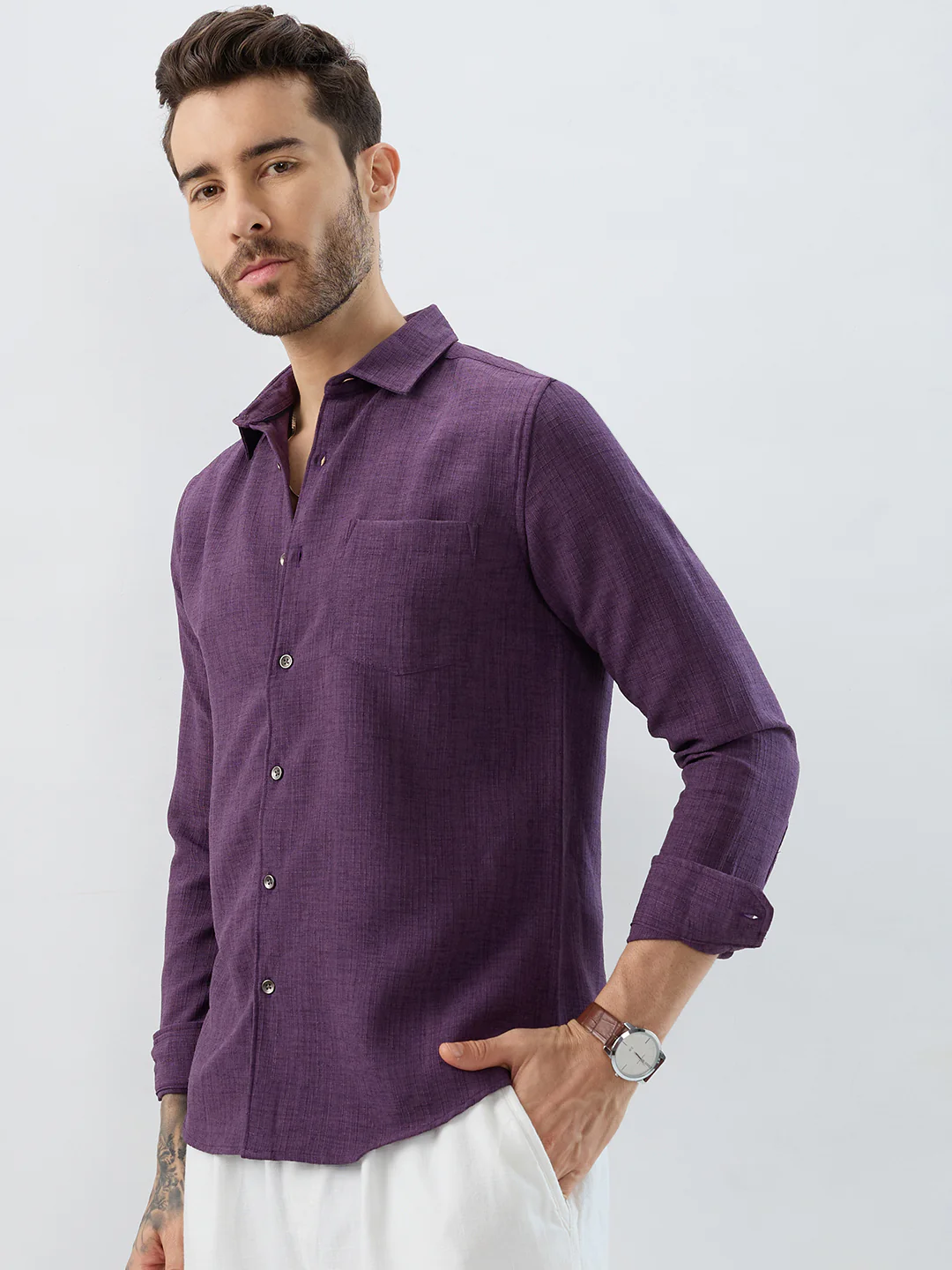 Opulent Dark Wine Slub Textured Shirt - Image 6