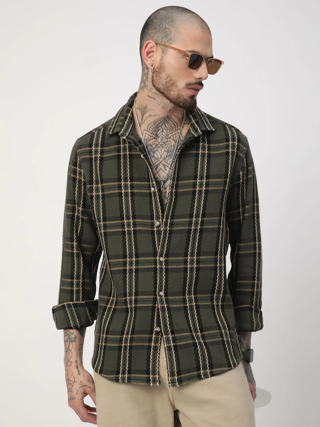 Opulent Olive & Black Heavy Twill Box Checks Shirt - Image 2