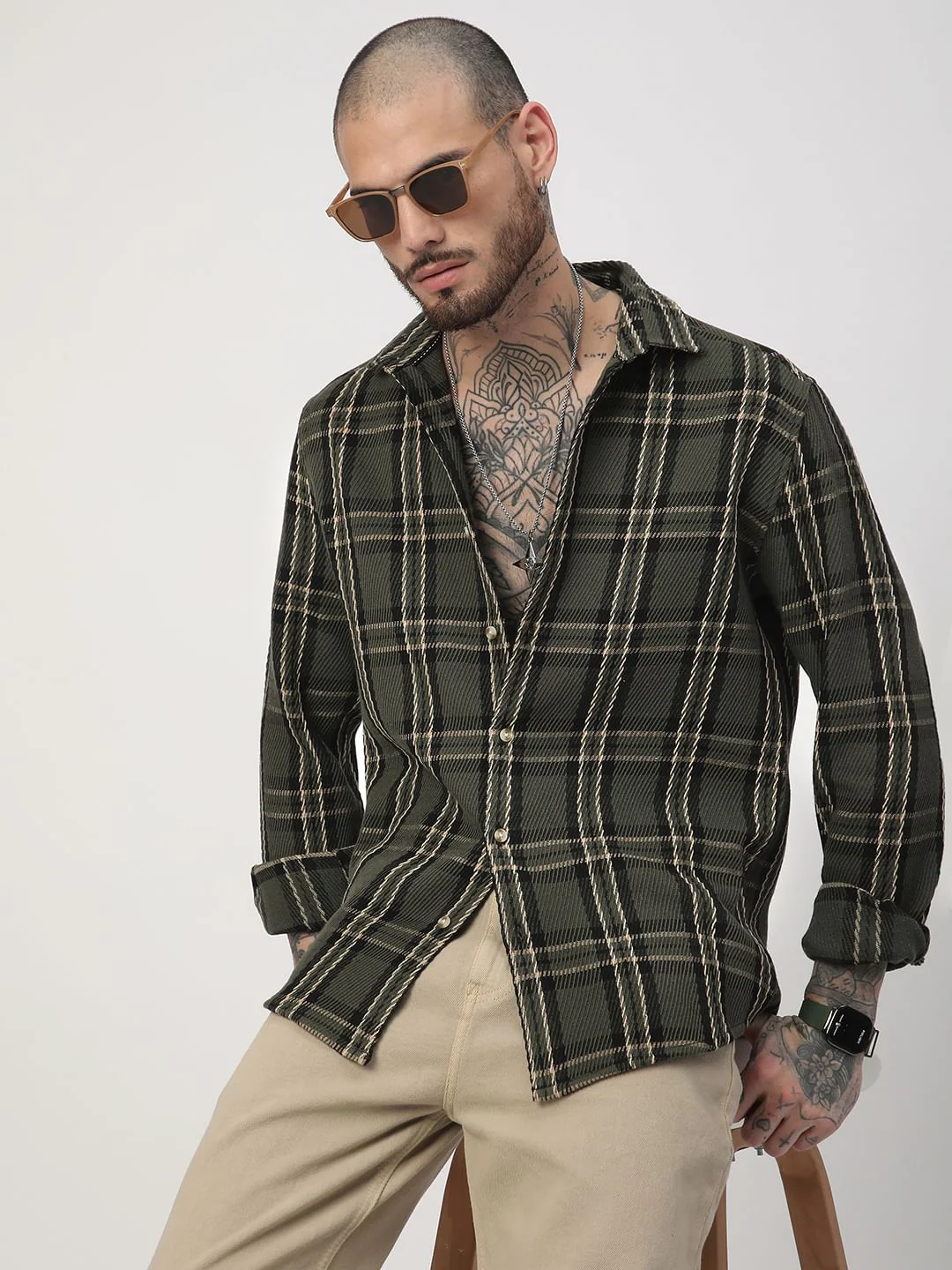 Opulent Olive & Black Heavy Twill Box Checks Shirt - Image 4