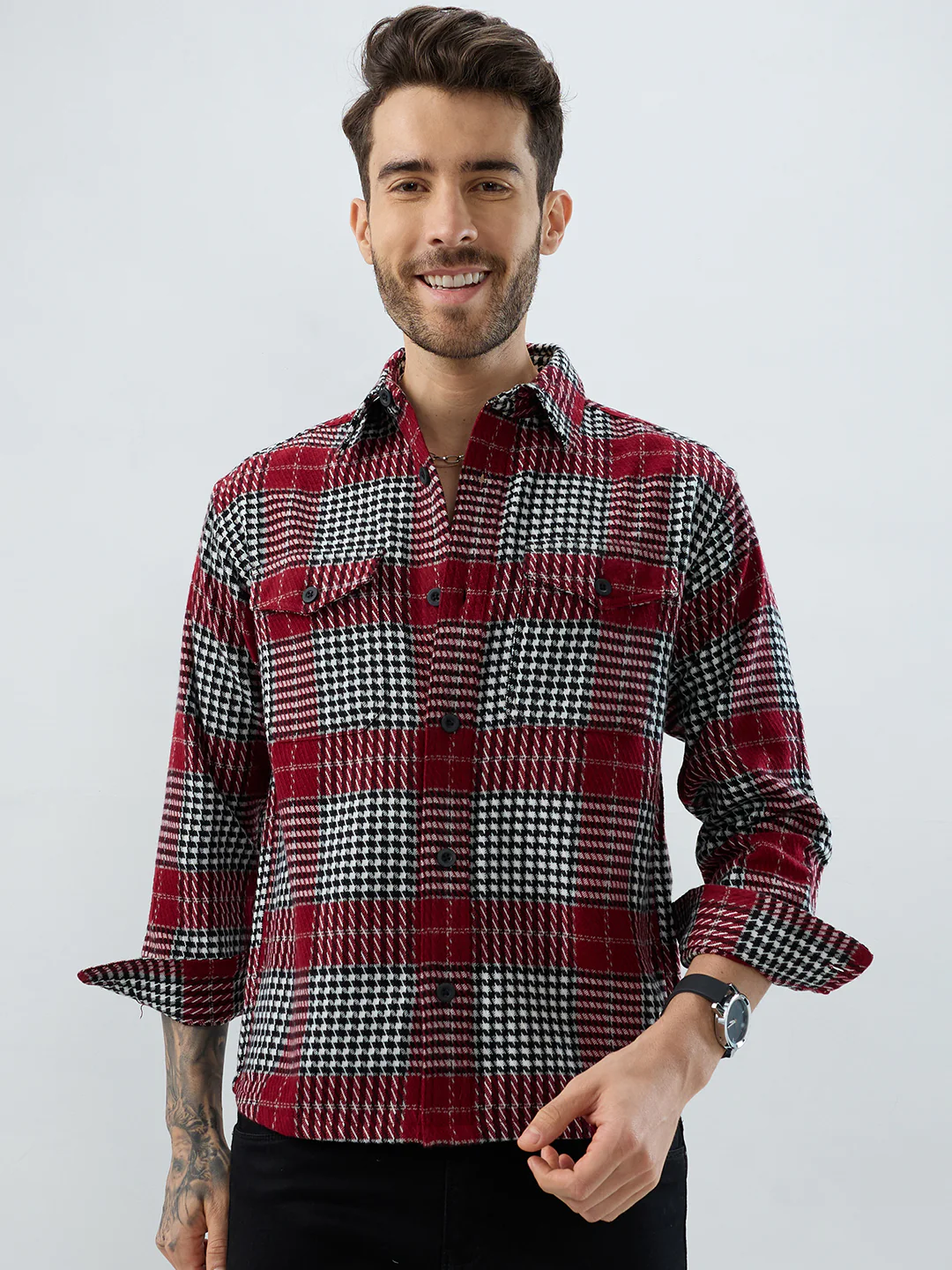 Opulent Red Houndstooth Checkmate Twin Pocket Flannel Shirt - Image 5