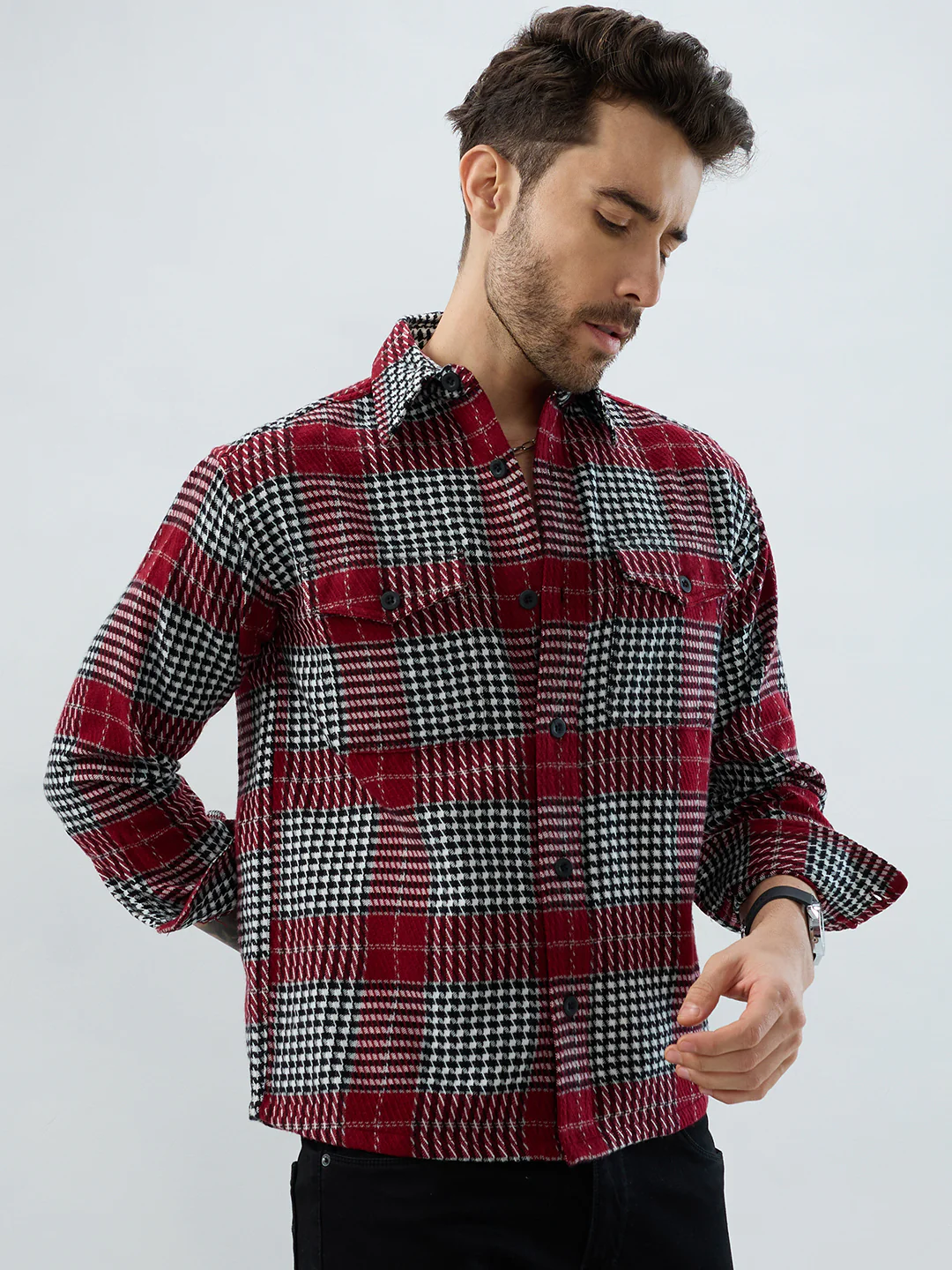 Opulent Red Houndstooth Checkmate Twin Pocket Flannel Shirt - Image 6