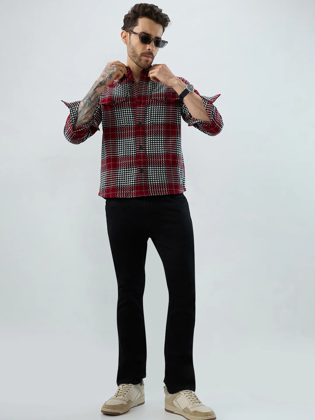 Opulent Red Houndstooth Checkmate Twin Pocket Flannel Shirt - Image 8