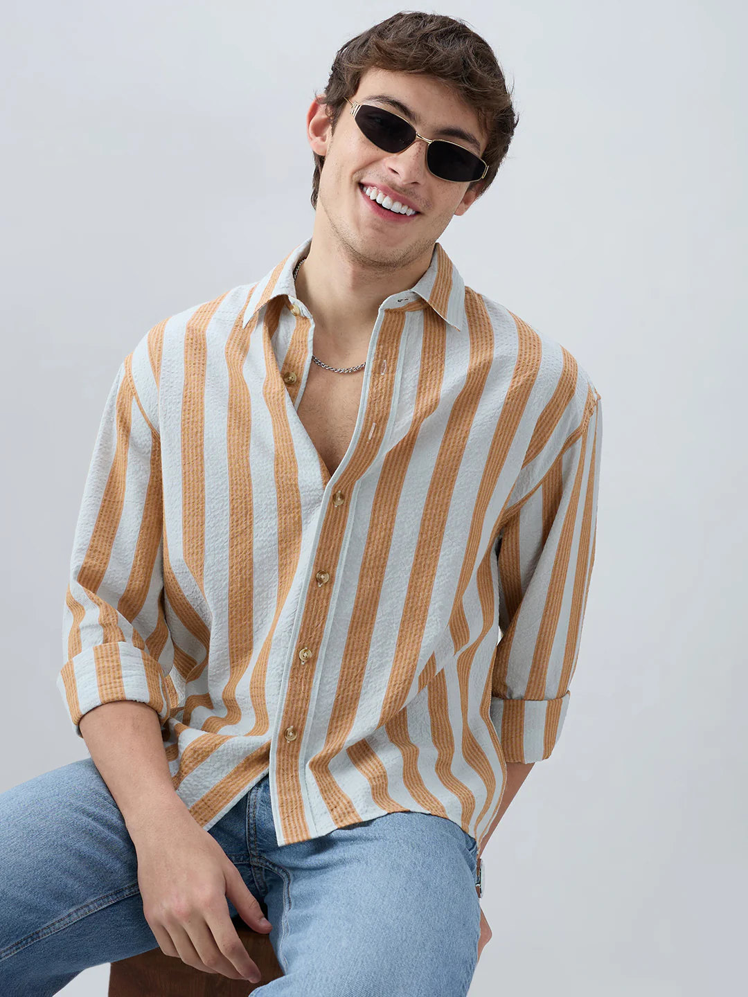 Orange & Blue Seersucker Awning Stripe Boxy Fit Crop Shirt - Image 2