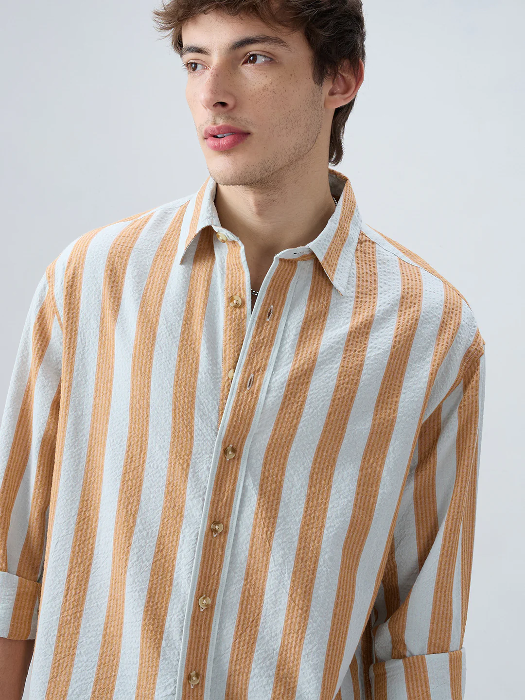 Orange & Blue Seersucker Awning Stripe Boxy Fit Crop Shirt - Image 3