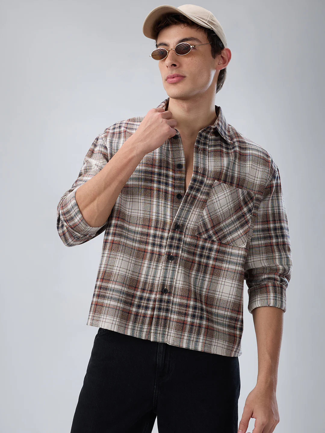 Orange & Brown Plaid Checks Boxy Fit Crop Shirt - Image 2