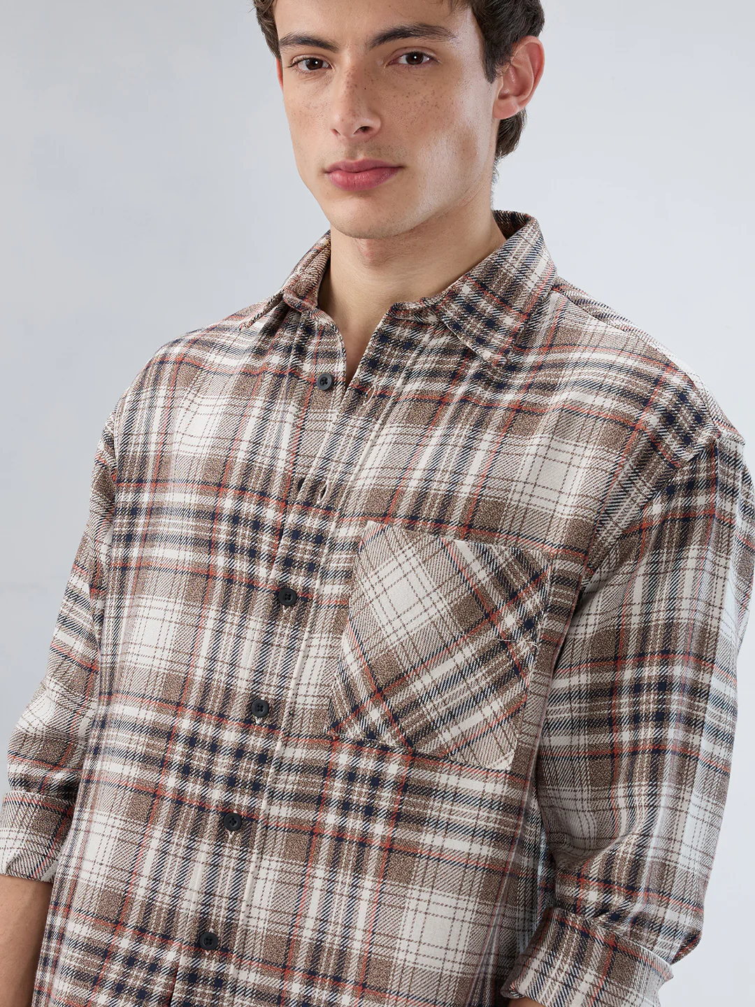 Orange & Brown Plaid Checks Boxy Fit Crop Shirt - Image 3