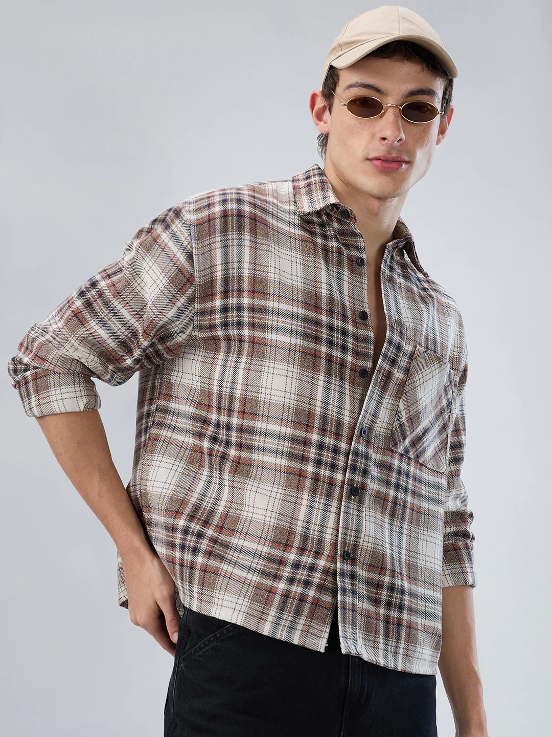 Orange & Brown Plaid Checks Boxy Fit Crop Shirt - Image 4