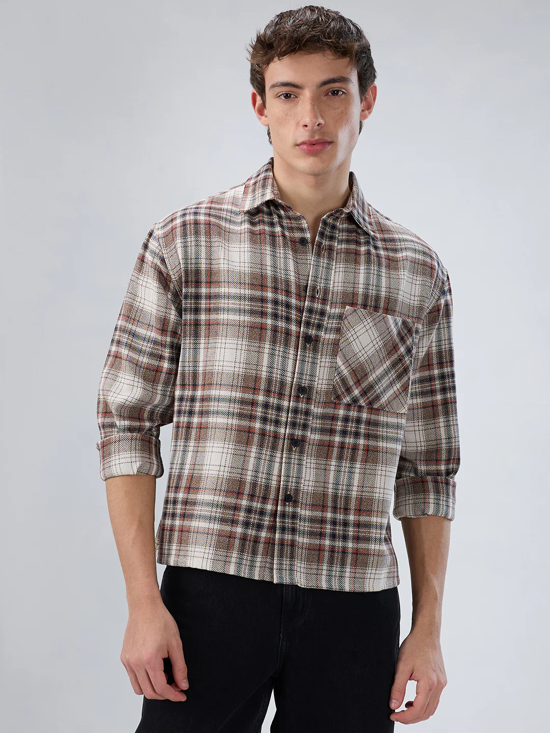 Orange & Brown Plaid Checks Boxy Fit Crop Shirt - Image 5
