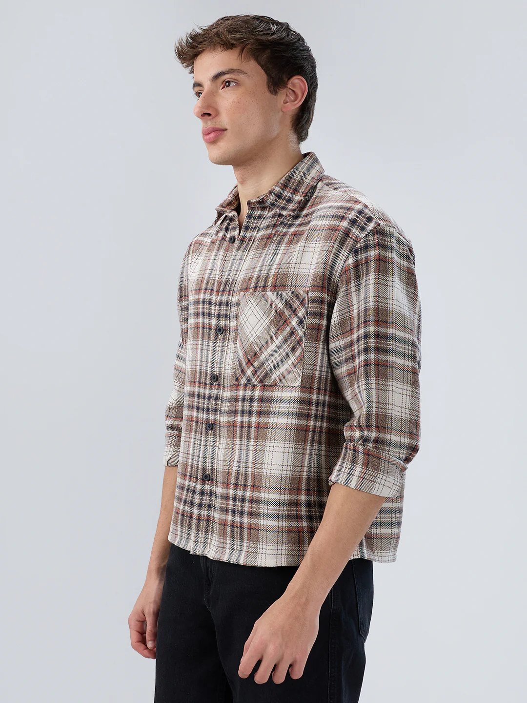 Orange & Brown Plaid Checks Boxy Fit Crop Shirt - Image 6