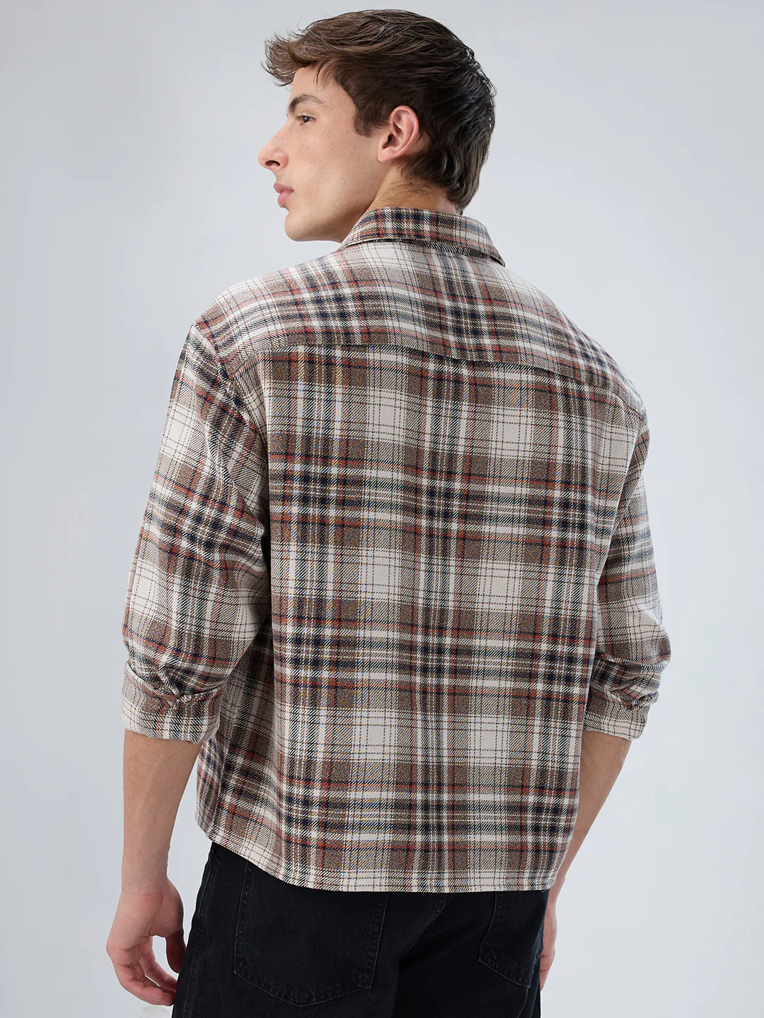 Orange & Brown Plaid Checks Boxy Fit Crop Shirt - Image 7