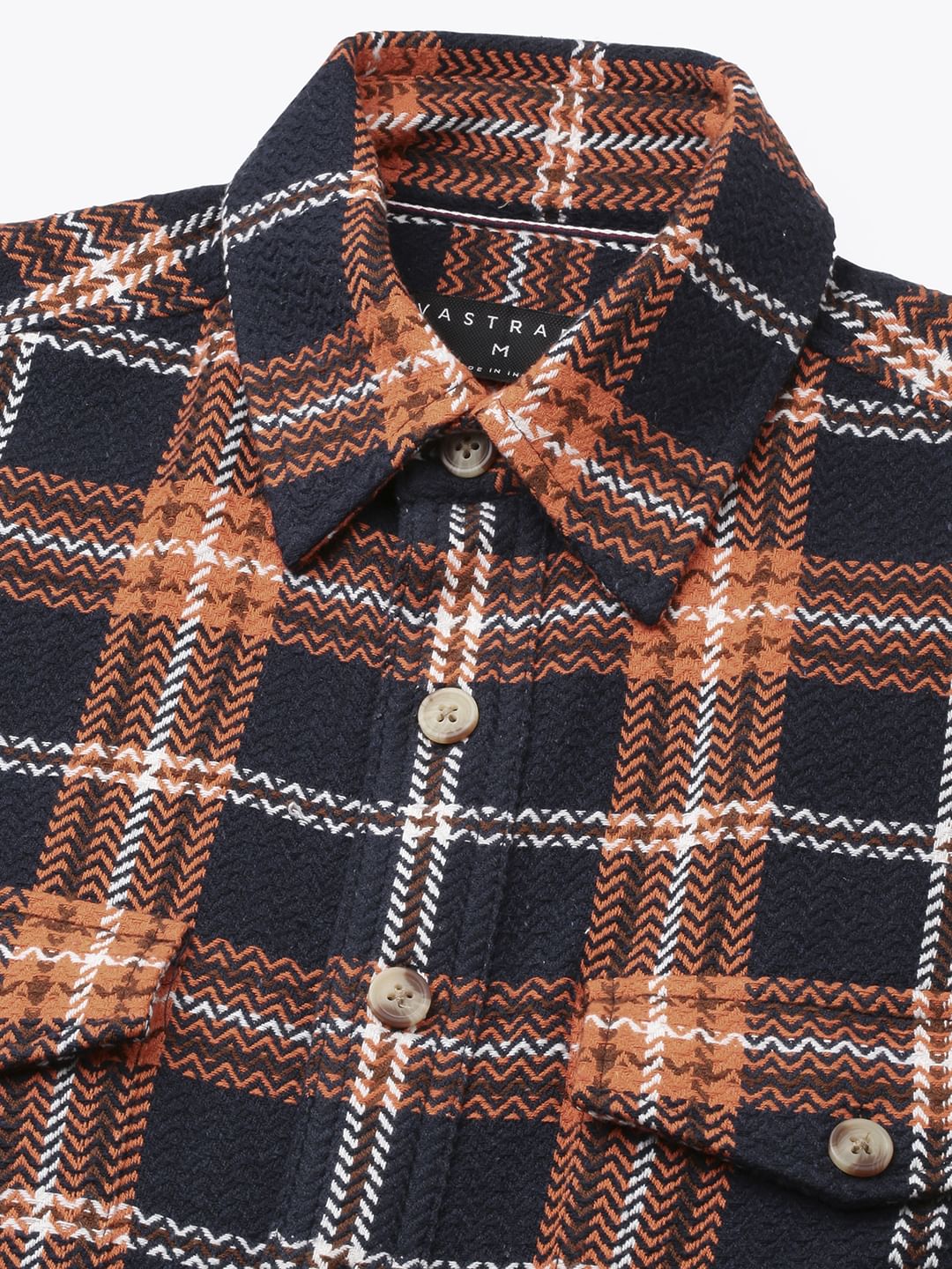 Orange & Navy Tweed Checks Double Flap Pocket Flannel Shirt - Image 3