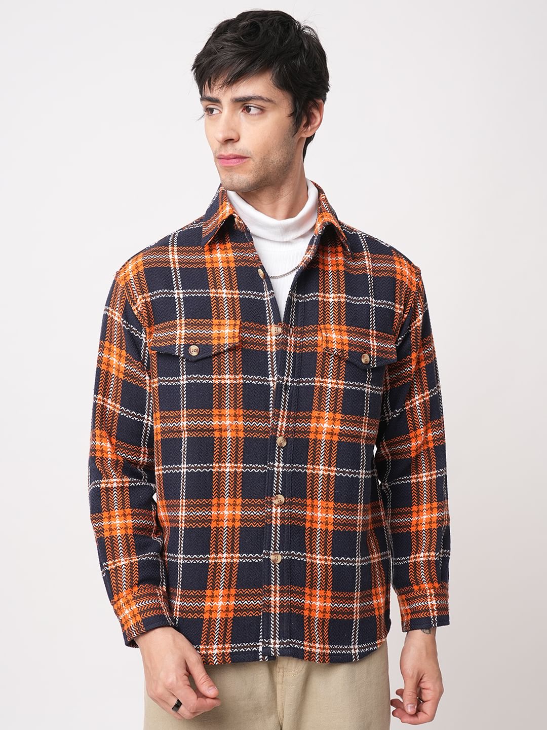 Orange & Navy Tweed Checks Double Flap Pocket Flannel Shirt - Image 4