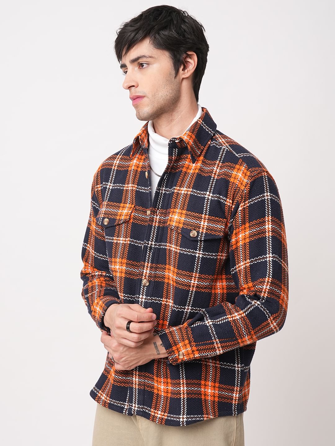 Orange & Navy Tweed Checks Double Flap Pocket Flannel Shirt - Image 5