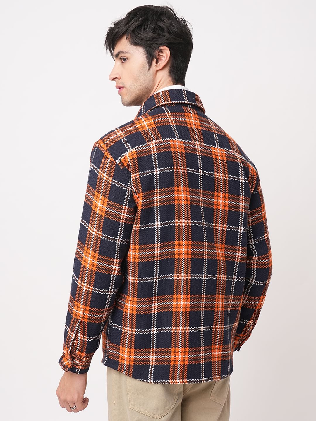 Orange & Navy Tweed Checks Double Flap Pocket Flannel Shirt - Image 6