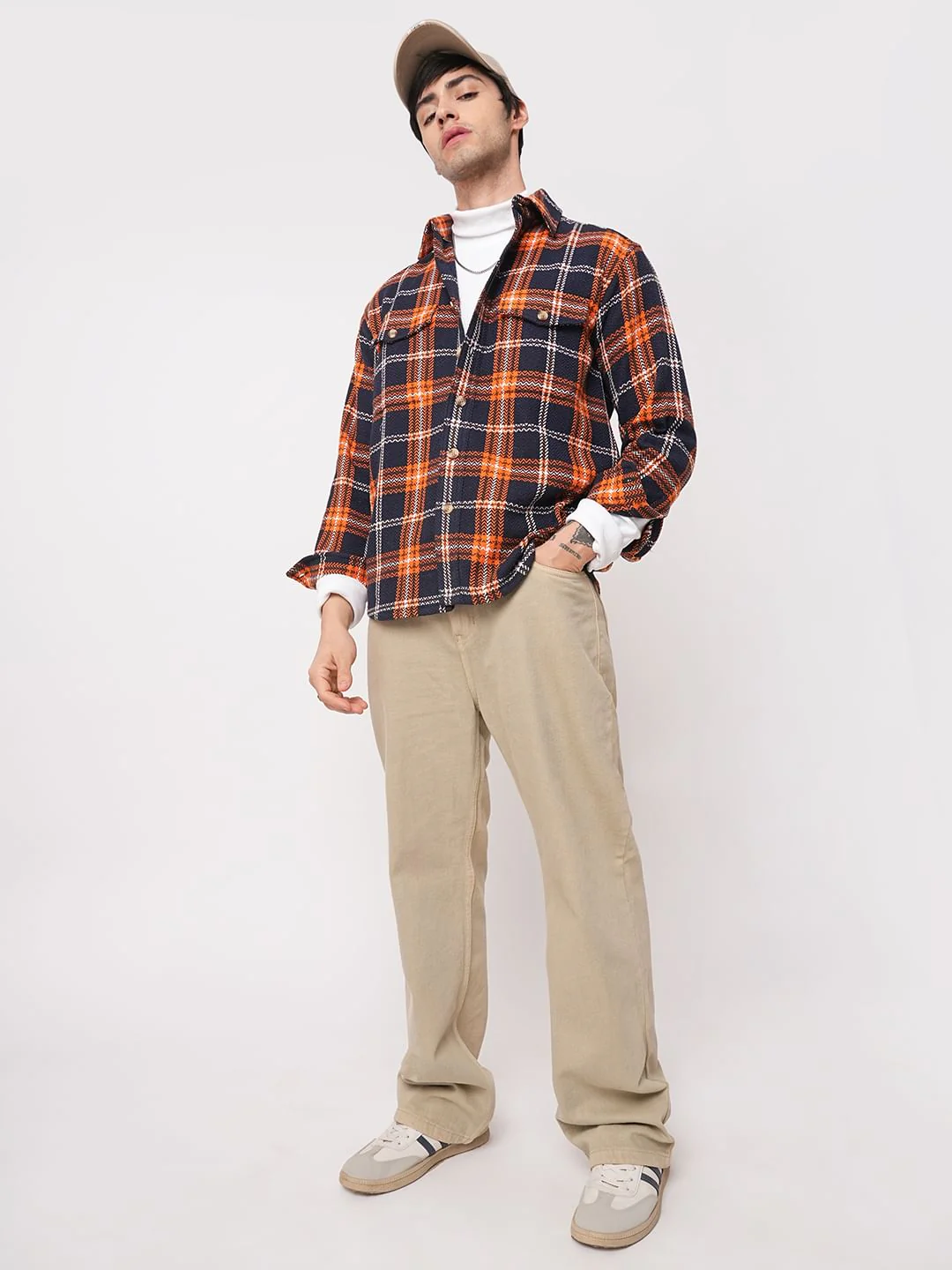 Orange & Navy Tweed Checks Double Flap Pocket Flannel Shirt - Image 7