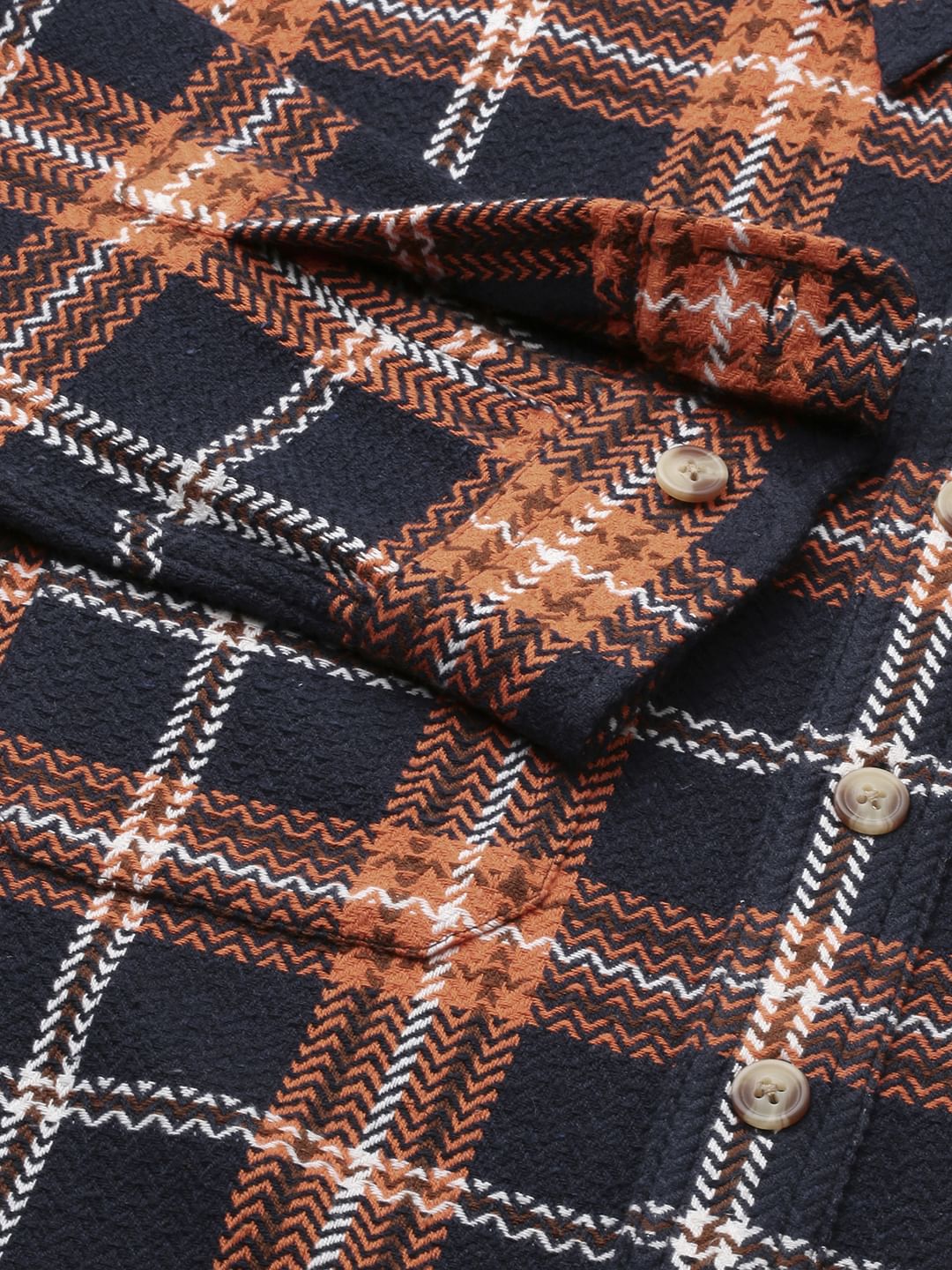 Orange & Navy Tweed Checks Double Flap Pocket Flannel Shirt - Image 8