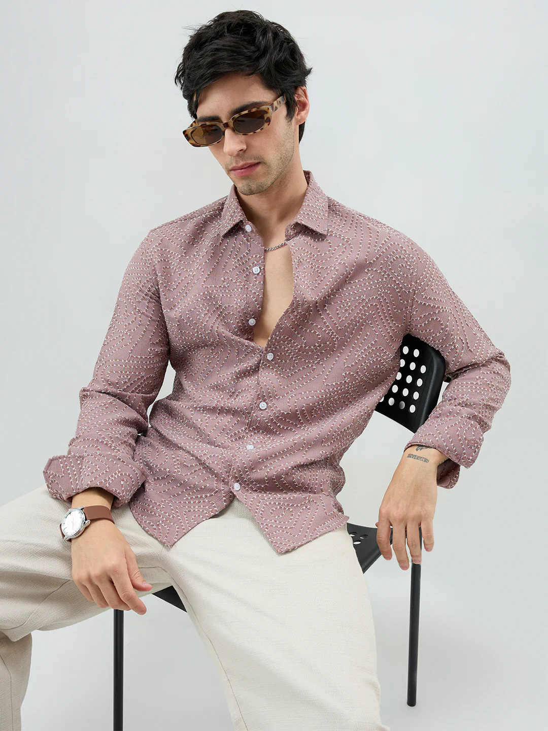 Ornate Brown Thread Flow Raised Stitch Shirt