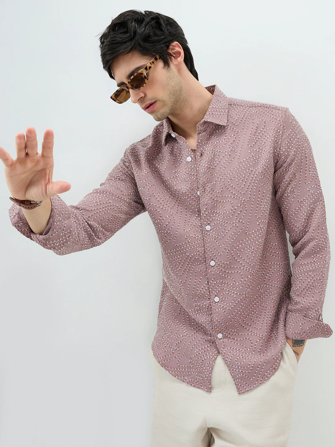 Ornate Brown Thread Flow Raised Stitch Shirt - Image 2