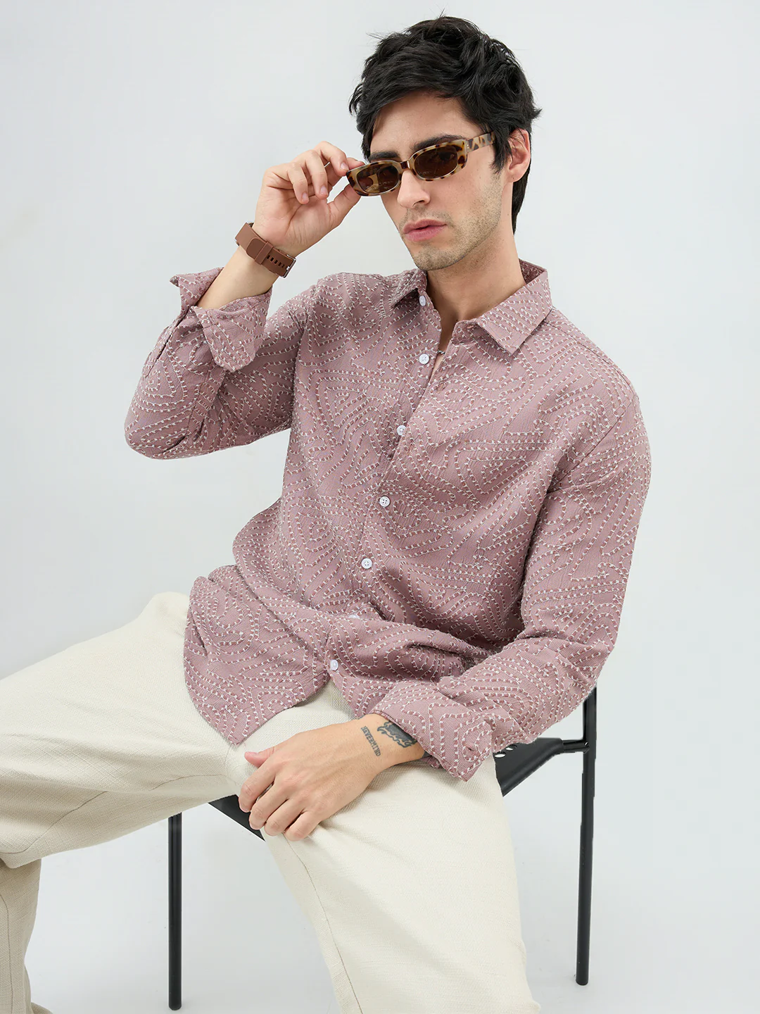 Ornate Brown Thread Flow Raised Stitch Shirt - Image 4