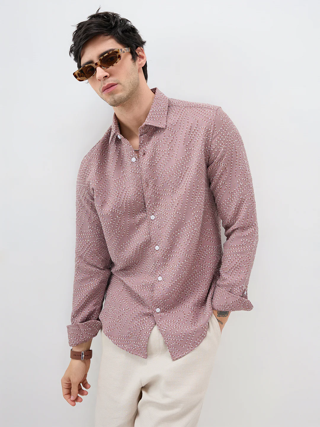 Ornate Brown Thread Flow Raised Stitch Shirt - Image 5