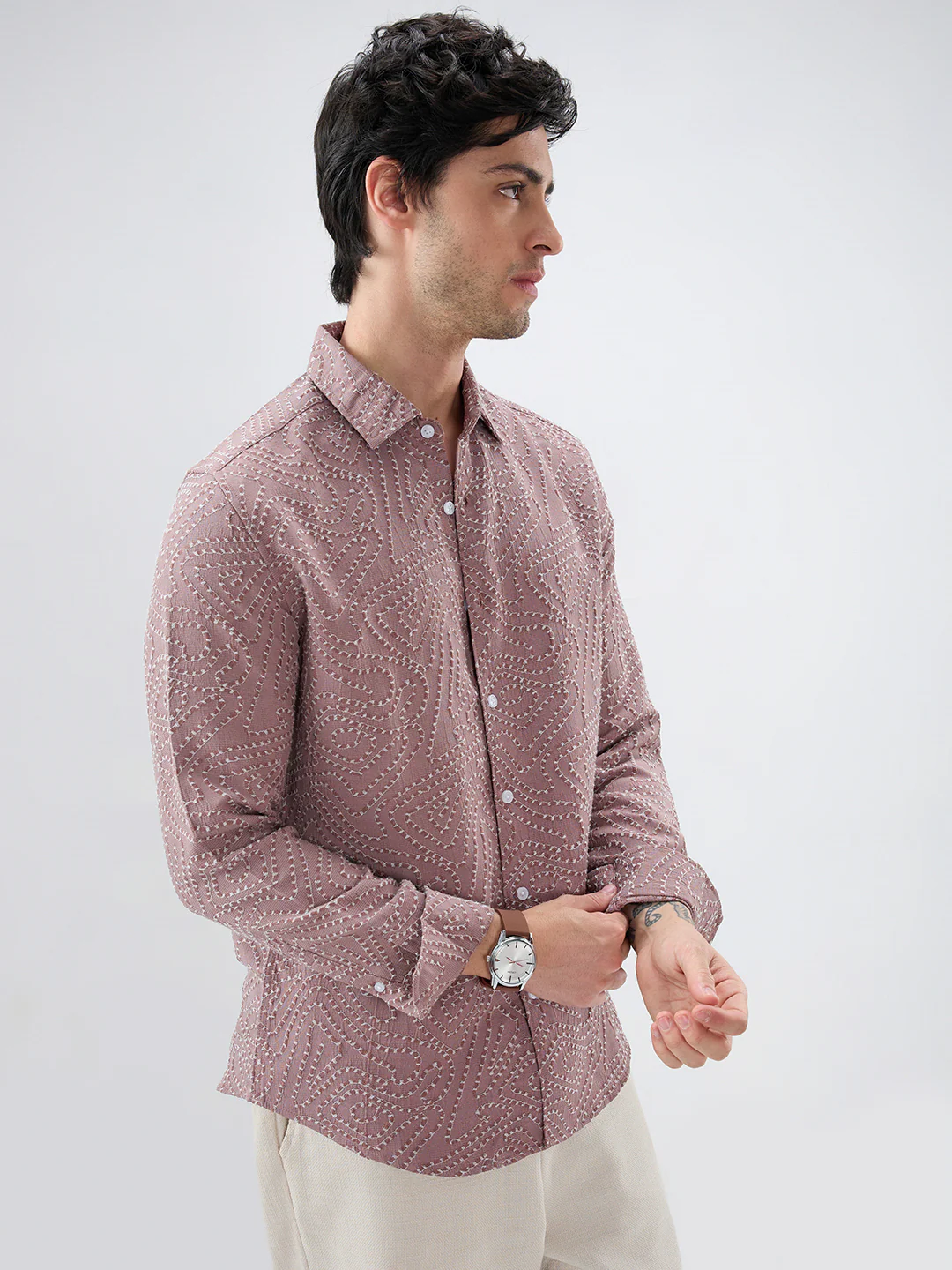 Ornate Brown Thread Flow Raised Stitch Shirt - Image 6