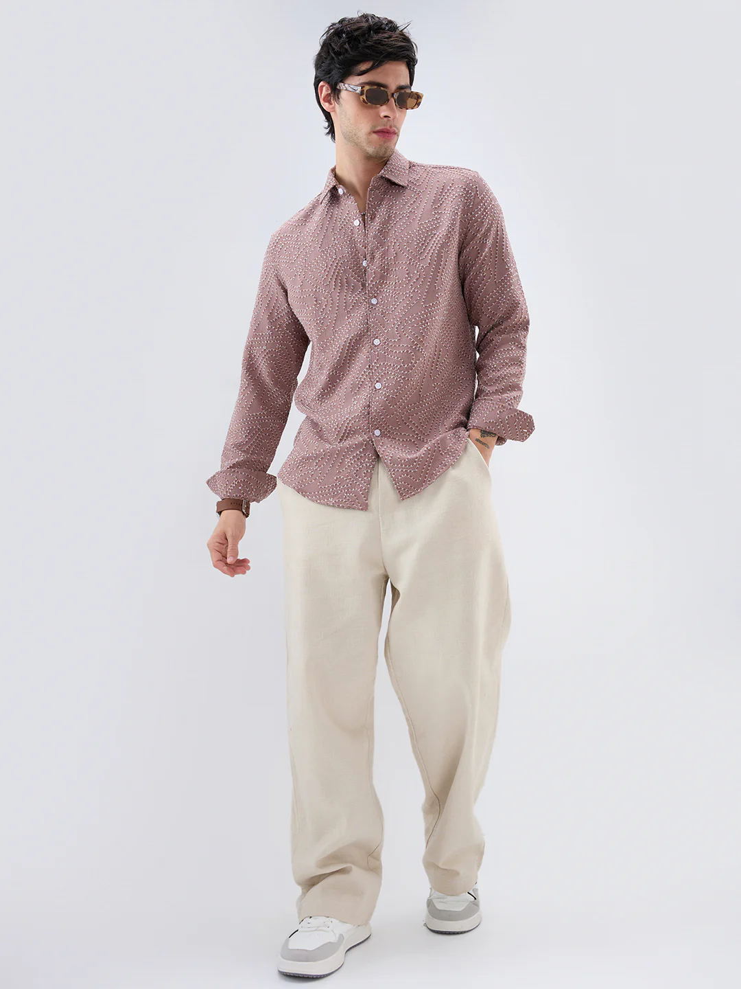 Ornate Brown Thread Flow Raised Stitch Shirt - Image 8