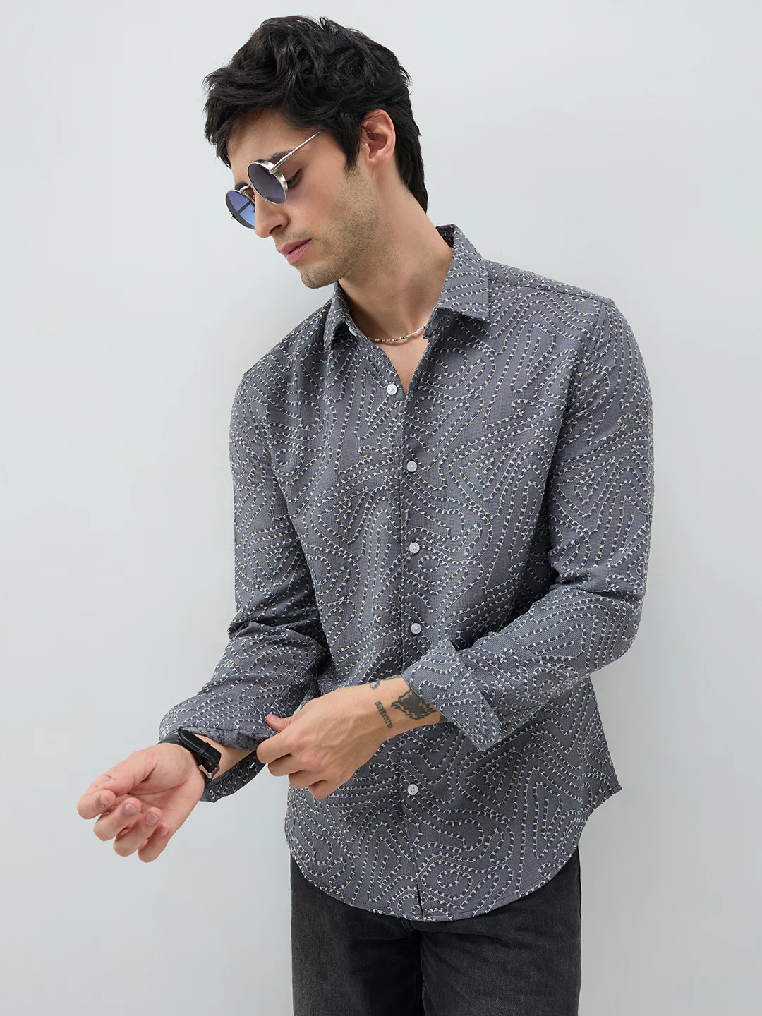 Ornate Charcoal Grey Ornamental Raised Stitch Shirt - Image 2