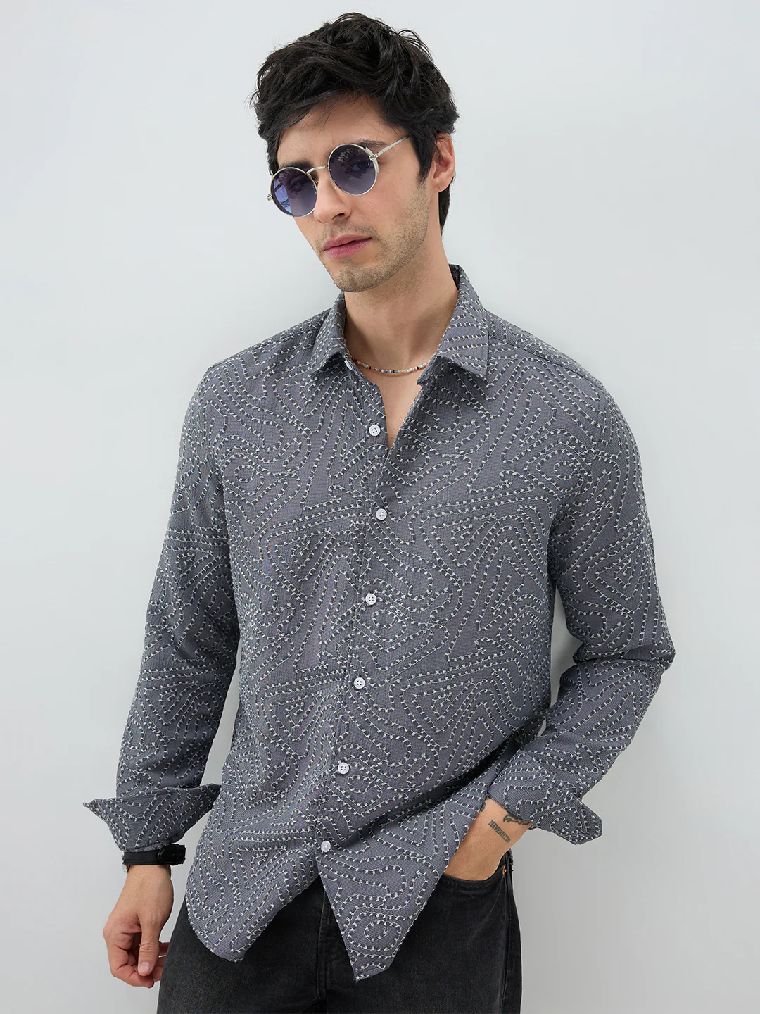 Ornate Charcoal Grey Ornamental Raised Stitch Shirt - Image 4