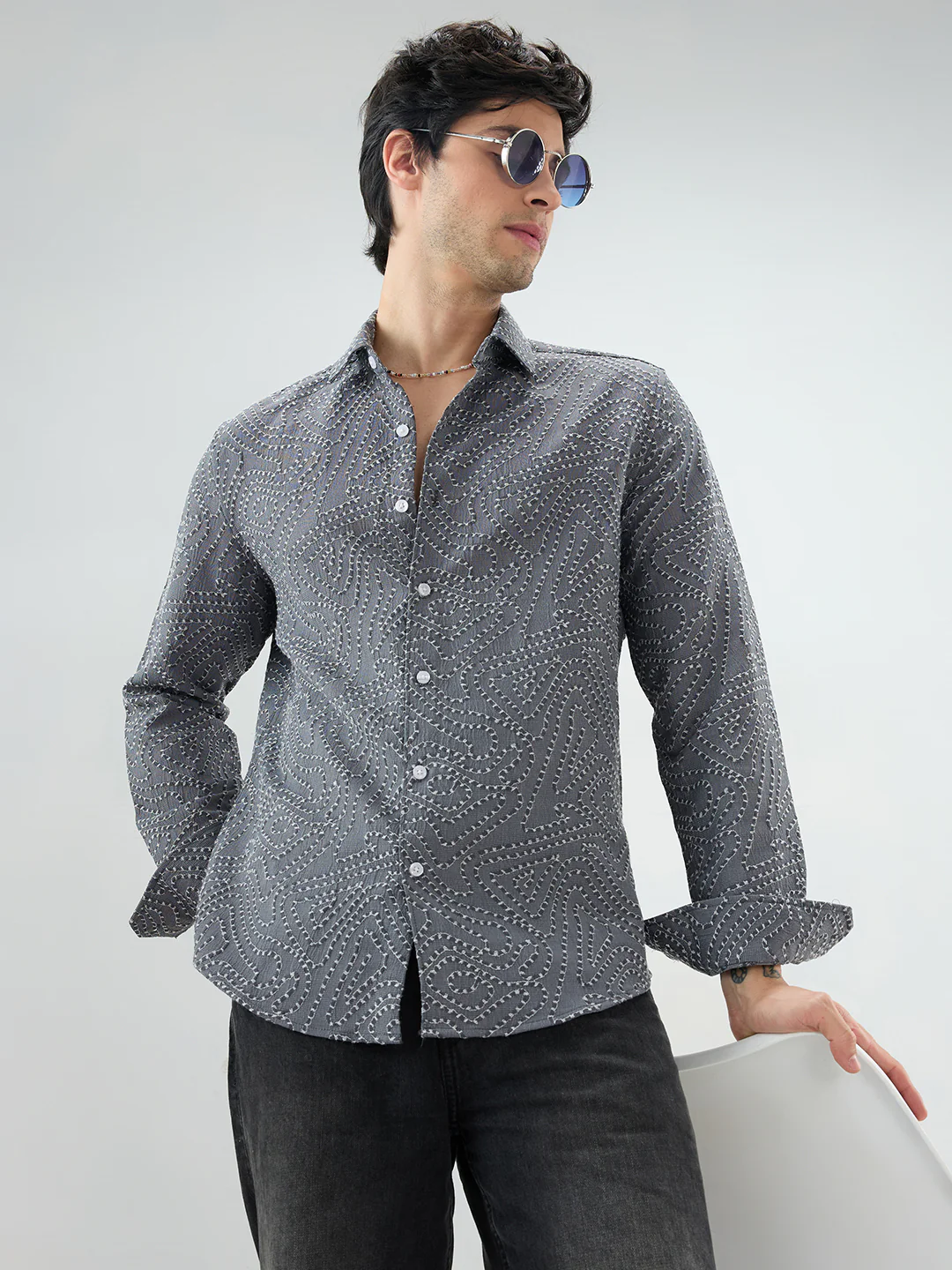 Ornate Charcoal Grey Ornamental Raised Stitch Shirt - Image 5