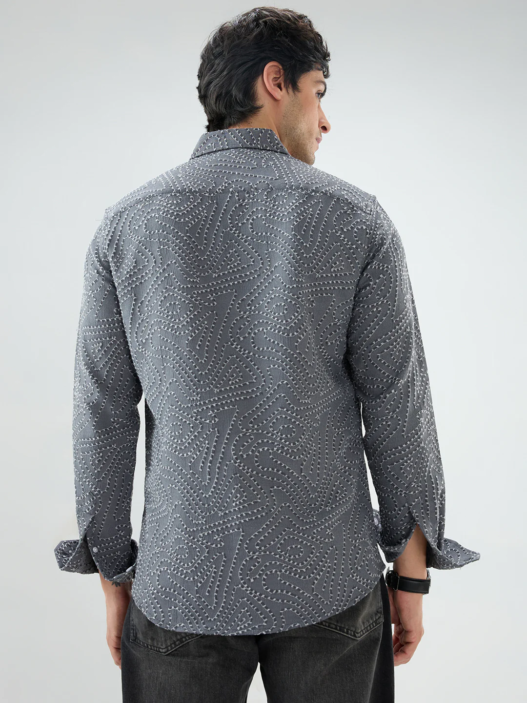 Ornate Charcoal Grey Ornamental Raised Stitch Shirt - Image 6