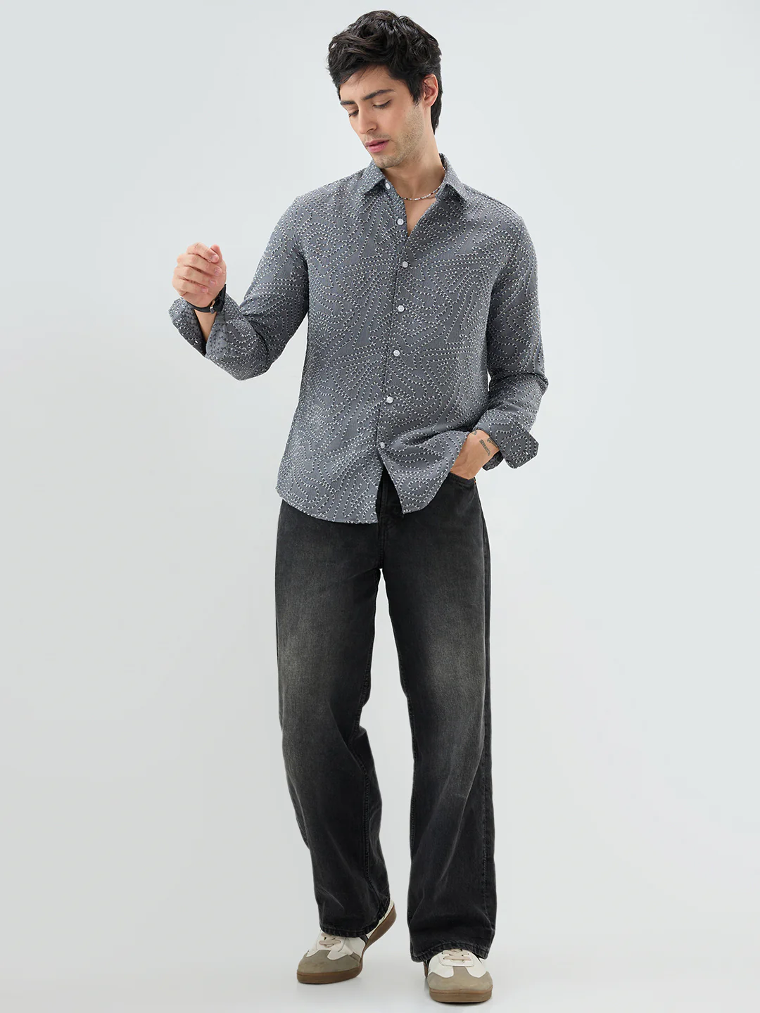 Ornate Charcoal Grey Ornamental Raised Stitch Shirt - Image 7